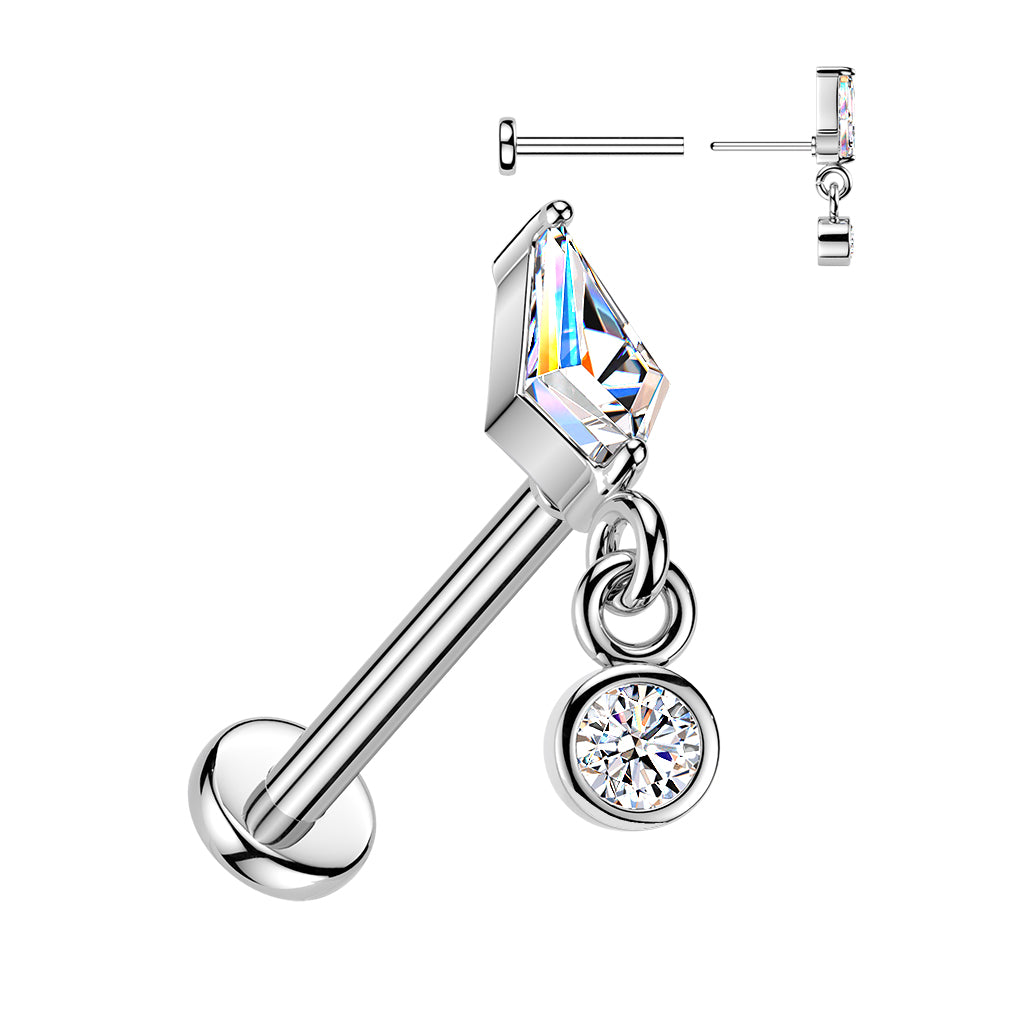 Sold by piece - Threadless Flat Back Labret With Prong Set Kite CZ & Bezel Set CZ Dangle Top