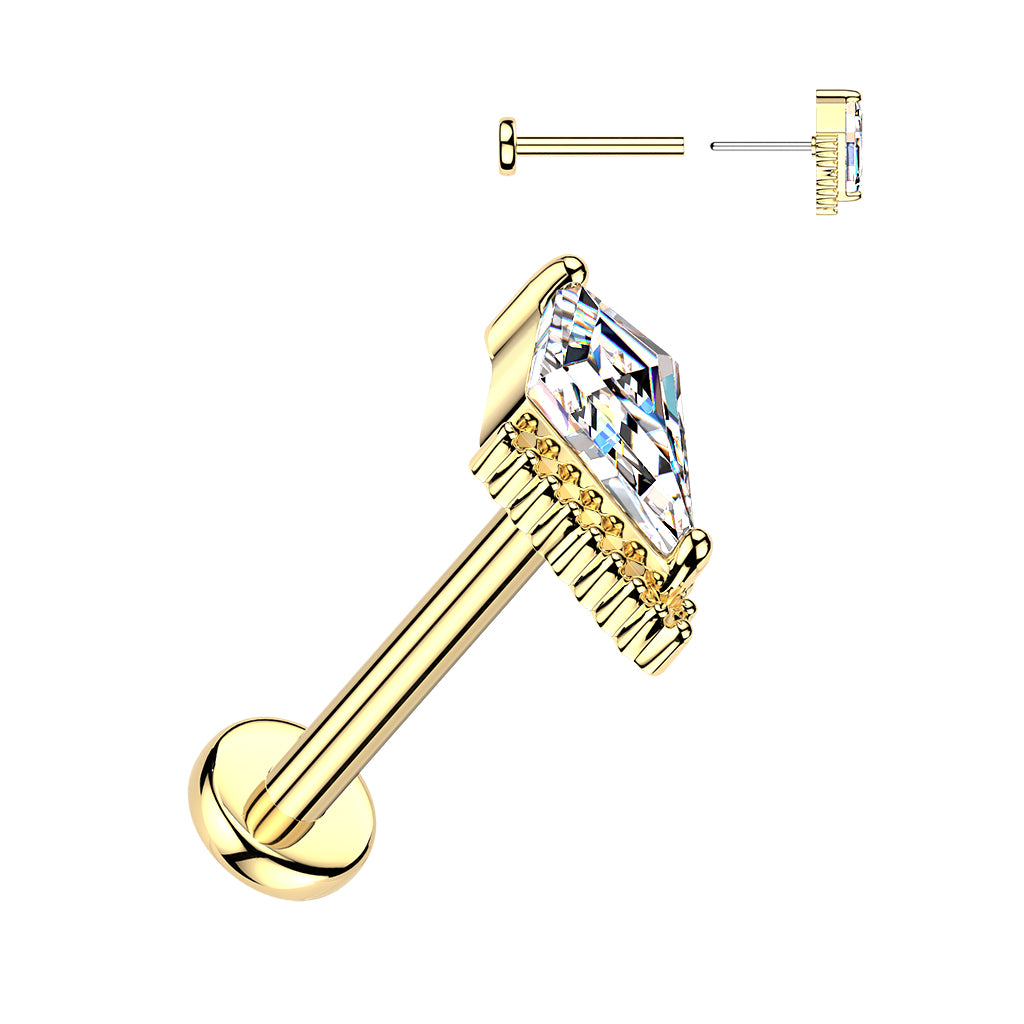 Sold by Piece - Threadless Flat Back Labret With Prong Set Kite CZ Top