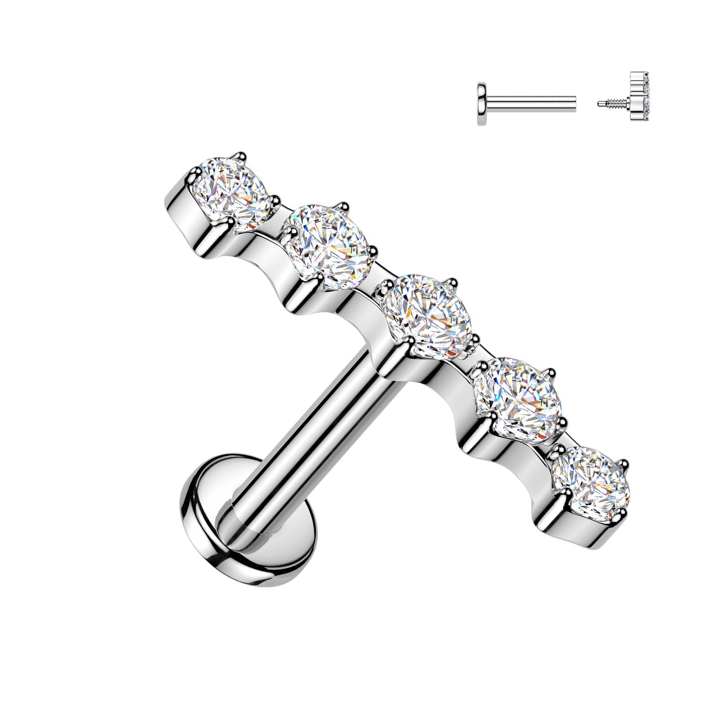 Sold by piece - Internally Threaded Flat Back Labret With 5 Prong Set CZ Curved Top