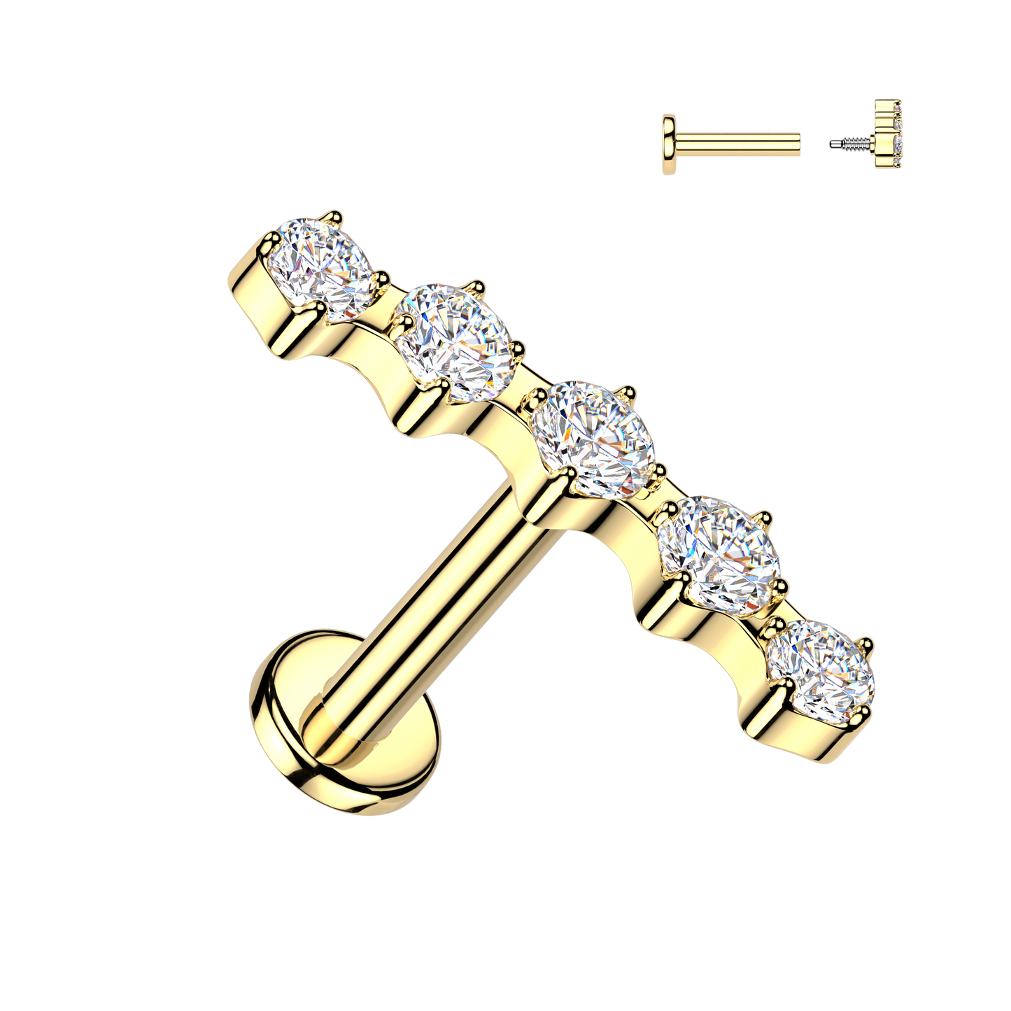 Sold by piece - Internally Threaded Flat Back Labret With 5 Prong Set CZ Curved Top Gold/Clear