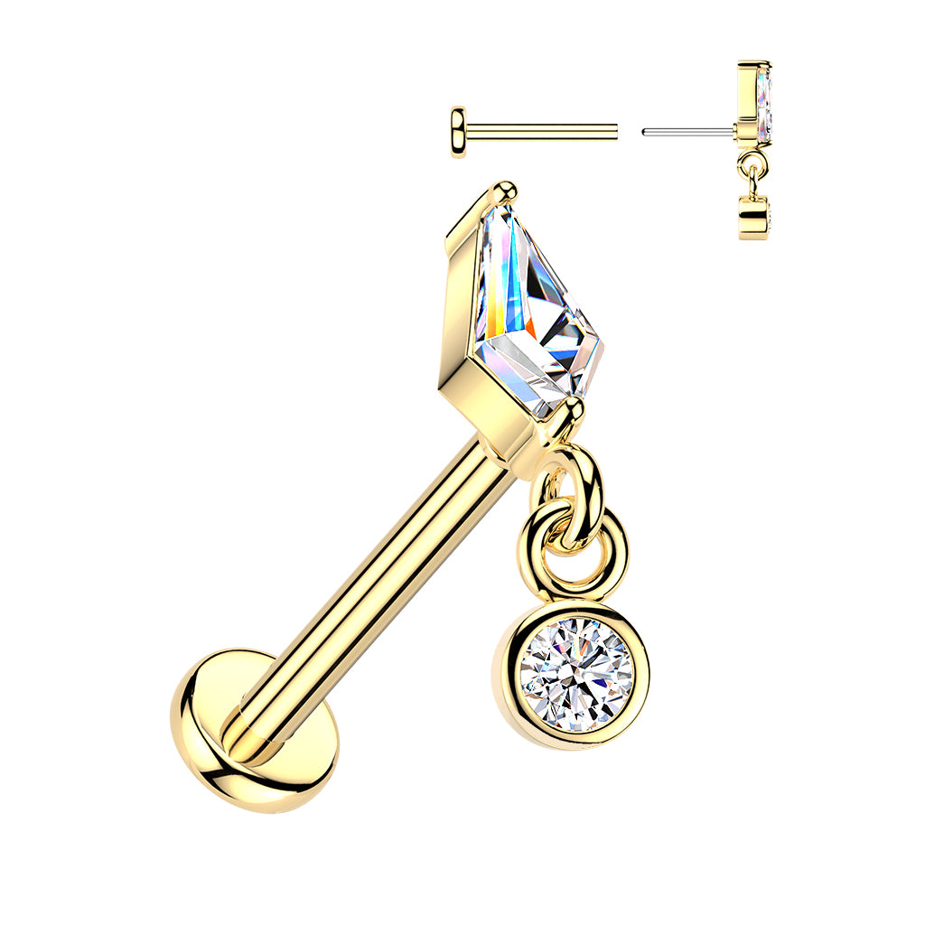 Sold by piece - Threadless Flat Back Labret With Prong Set Kite CZ & Bezel Set CZ Dangle Top (Copy)