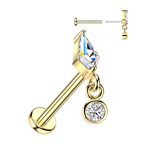 Sold by piece - Threadless Flat Back Labret With Prong Set Kite CZ & Bezel Set CZ Dangle Top (Copy)