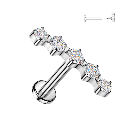 Sold by piece - Internally Threaded Flat Back Labret With 5 Prong Set CZ Curved Top