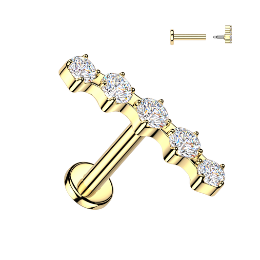 Sold by piece - Internally Threaded Flat Back Labret With 5 Prong Set CZ Curved Top Gold/Clear