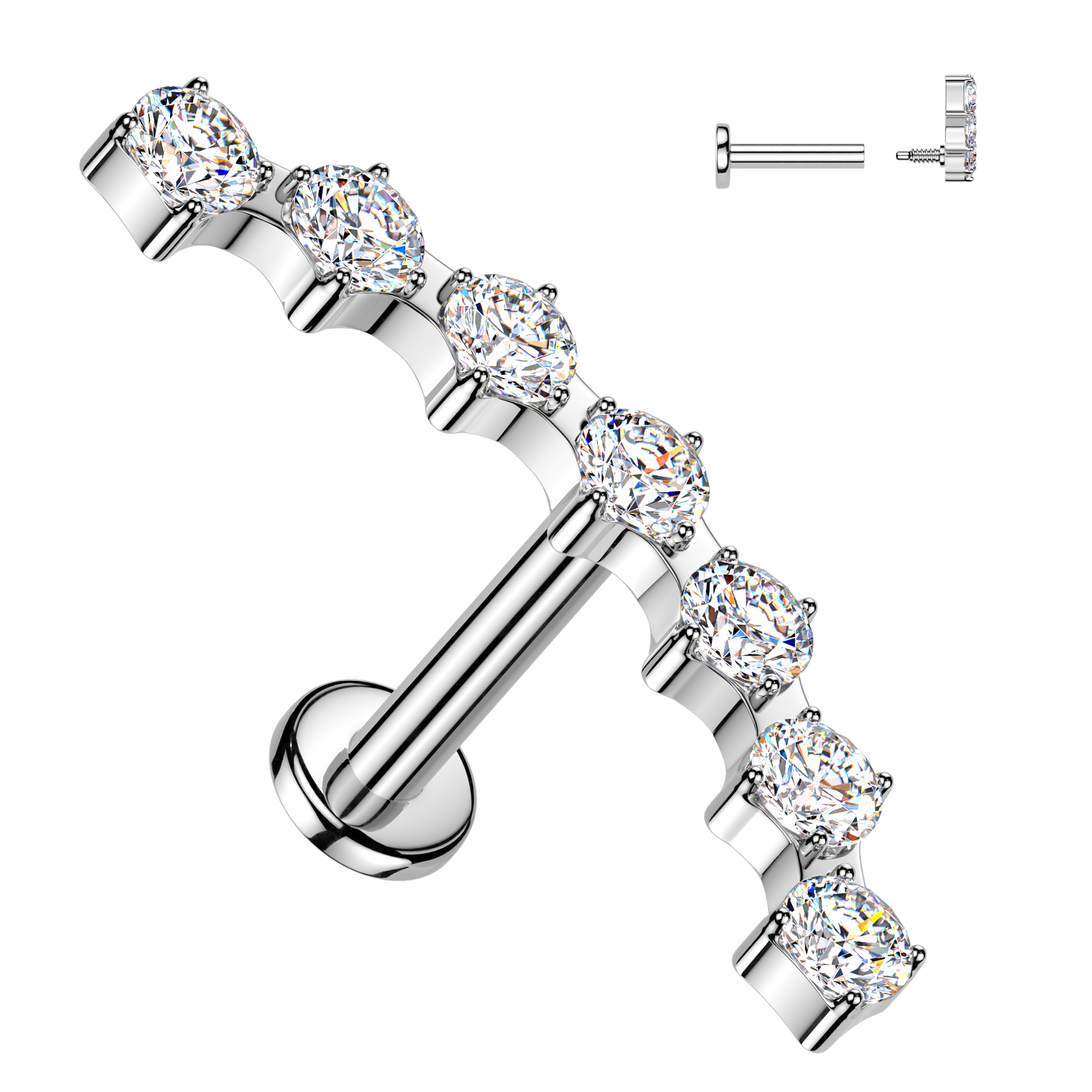 Sold by piece - Internally Threaded Flat Back Labret With 7 Prong Set CZ Curved Top-Clear