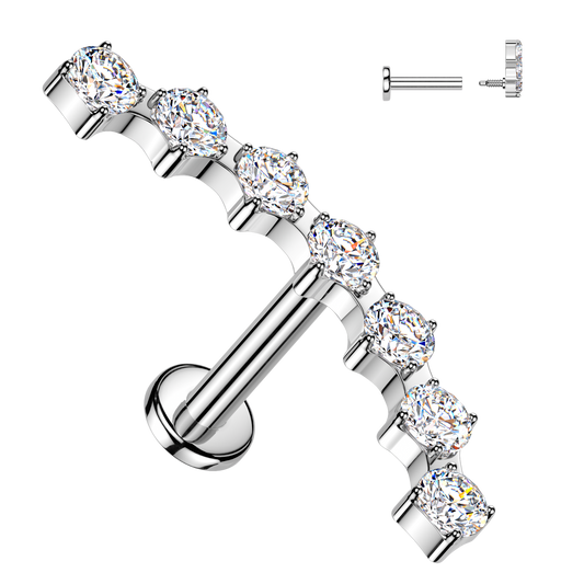 Sold by piece - Internally Threaded Flat Back Labret With 7 Prong Set CZ Curved Top-Clear