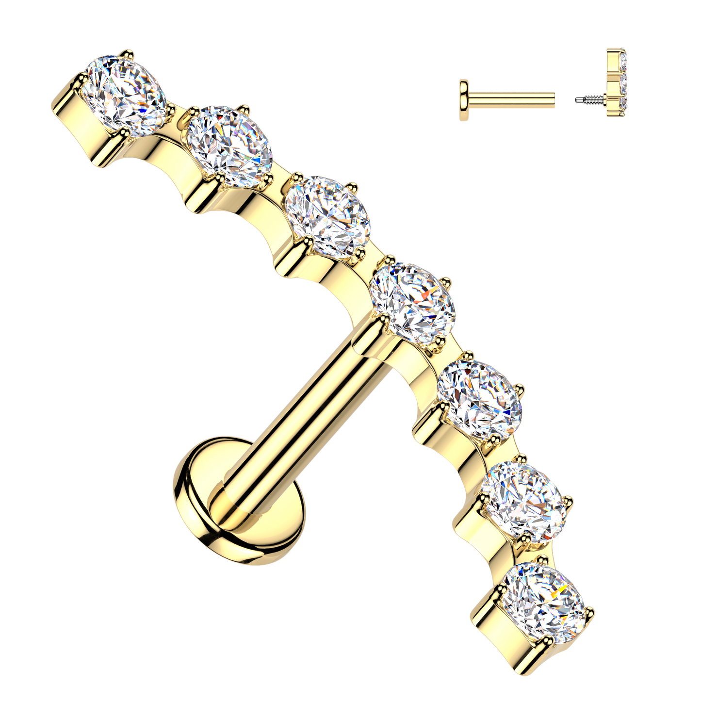 Sold by piece - Internally Threaded Flat Back Labret With 7 Prong Set CZ Curved Top-Gold/Clear (Copy)