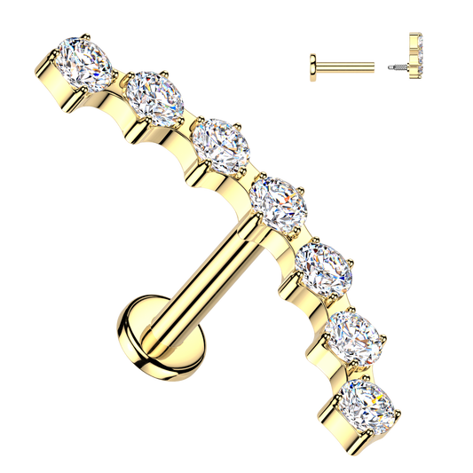 Sold by piece - Internally Threaded Flat Back Labret With 7 Prong Set CZ Curved Top-Gold/Clear (Copy)