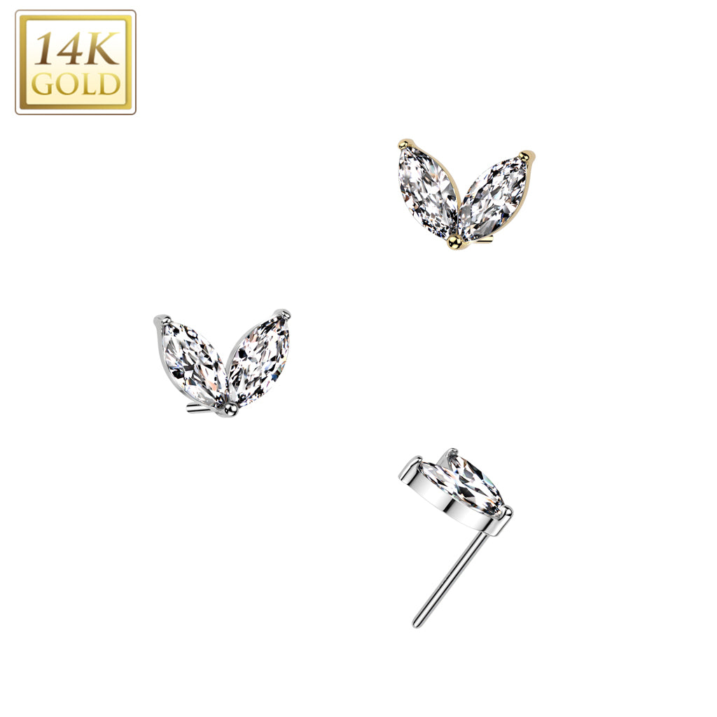 Sold by piece - 14K Gold Threadless Push In Marquise CZ Sprout Top includes  flat-back threadless push back