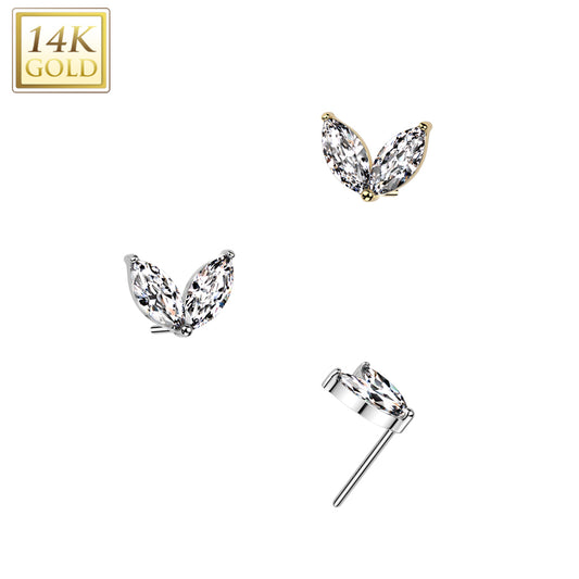 Sold by piece - 14K Gold Threadless Push In Marquise CZ Sprout Top includes  flat-back threadless push back